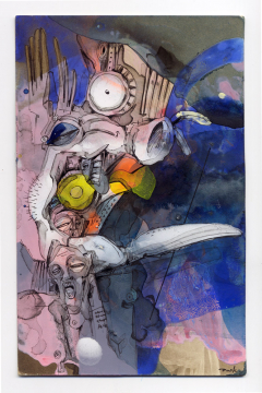 Auf der Kippe | 2024 | 14x9cm | Peer Kriesel Übermalung | Mischtechnik auf Postkarte, gerahmt